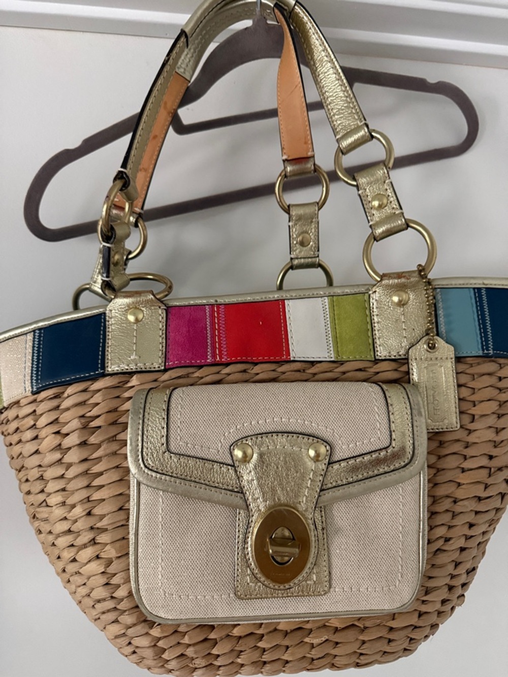 Coach Straw Tote with Gold Trim and Multicolor Stripe